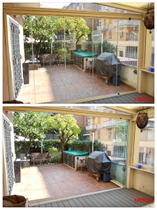 Collage Prima chiusa e Dopo aperta Vetrate a scomparsa Glassroom Roma VetroeXpert Vetrate Pieghevoli e vetrate a scomparsa Glassroom scaled