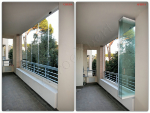Collage aperta e chiusa Vetrata Glassroom Roma VetroeXpert Vetrate Pieghevoli e vetrate a scomparsa Glassroom scaled