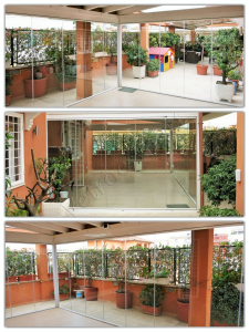 Collage vista interna ed esterna Vetrata pieghevole Roma VetroeXpert Vetrate Pieghevoli e vetrate a scomparsa Glassroom 1